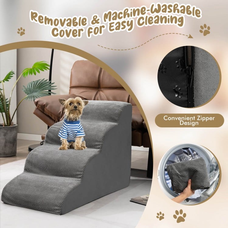 4-tier gray foam dog steps with non-slip surface and removable zippered cover for easy cleaning and pet mobility.